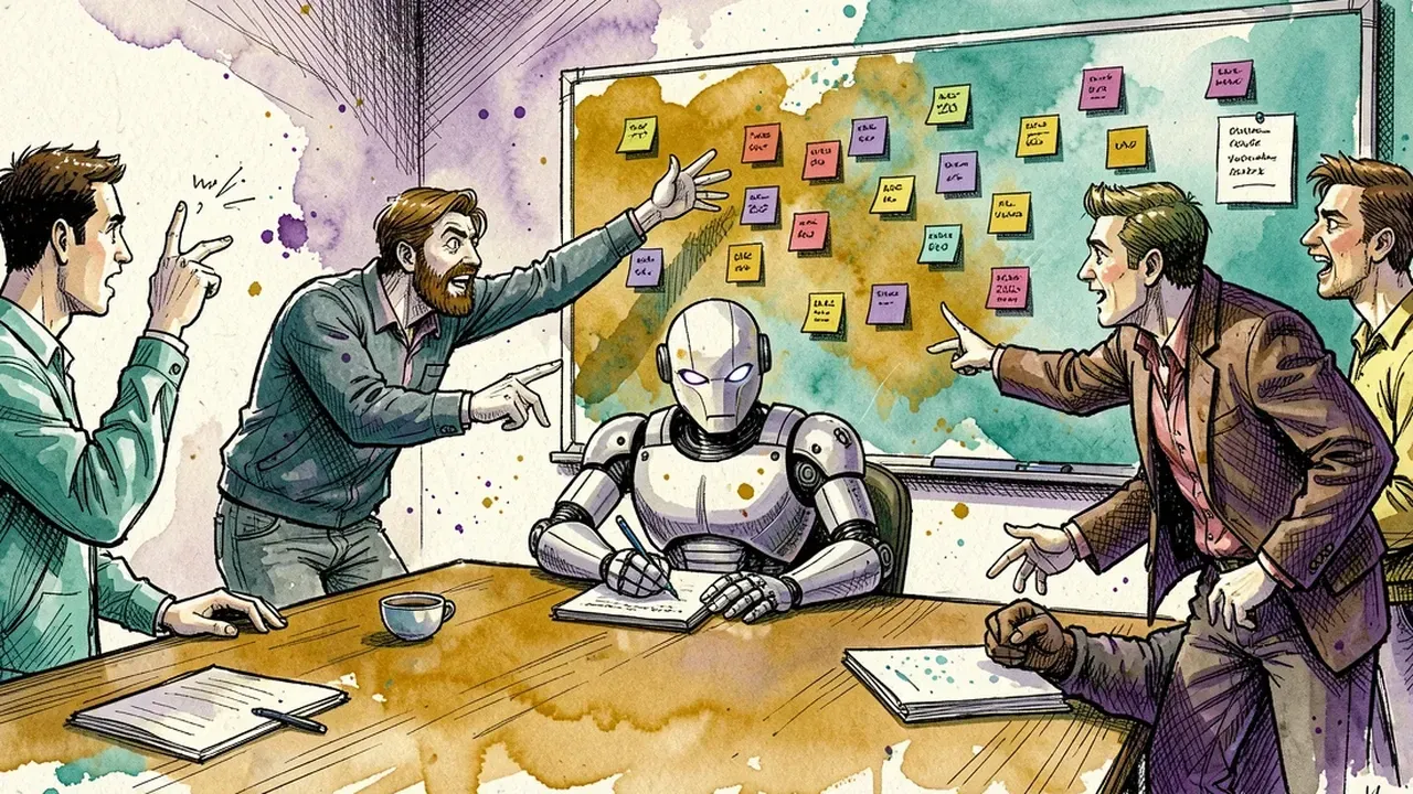 Robô-agente sentado na ponta de uma mesa de reunião, escrevendo num caderno enquanto cinco pessoas discutem gesticulando sobre um quadro de post-its coloridos