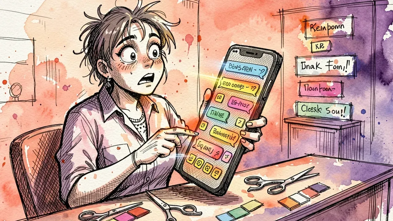 Startled hairstylist staring at a phone full of colorful chat bubbles after closing time, scissors and color swatches on the counter