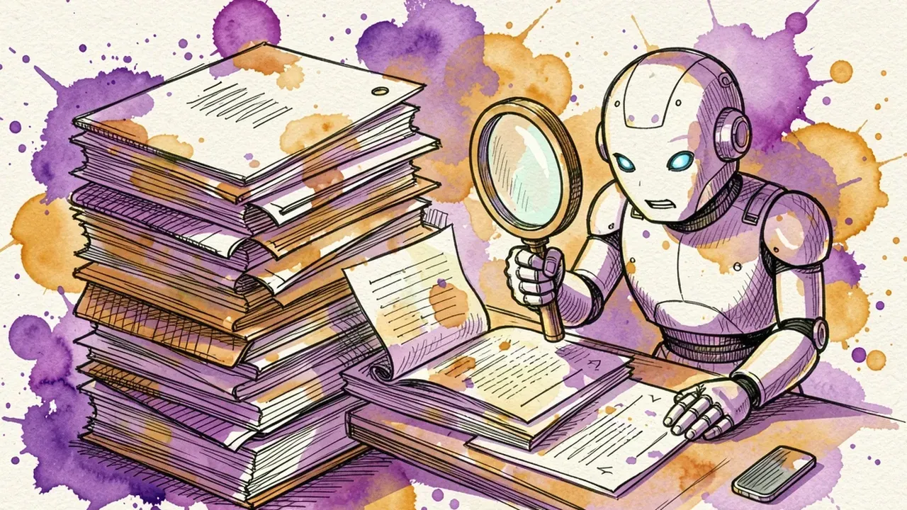 Uma pilha desorganizada de pastas e papéis se transformando em um arquivo digital organizado, um robô com uma lupa examinando um documento com atenção, traço de tinta e aquarela, tons de violeta e âmbar