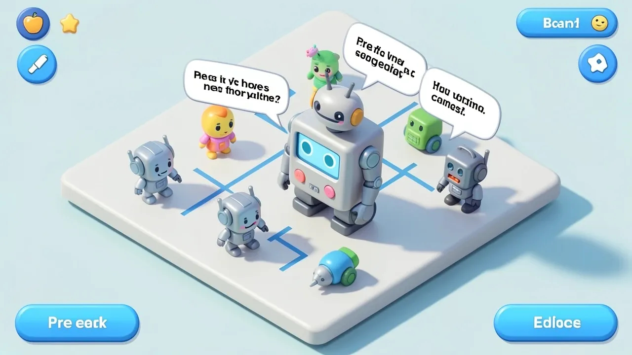 Isometric diorama of a simple robot answering questions from a fixed flowchart with pre-written speech bubbles, blue and light gray palette