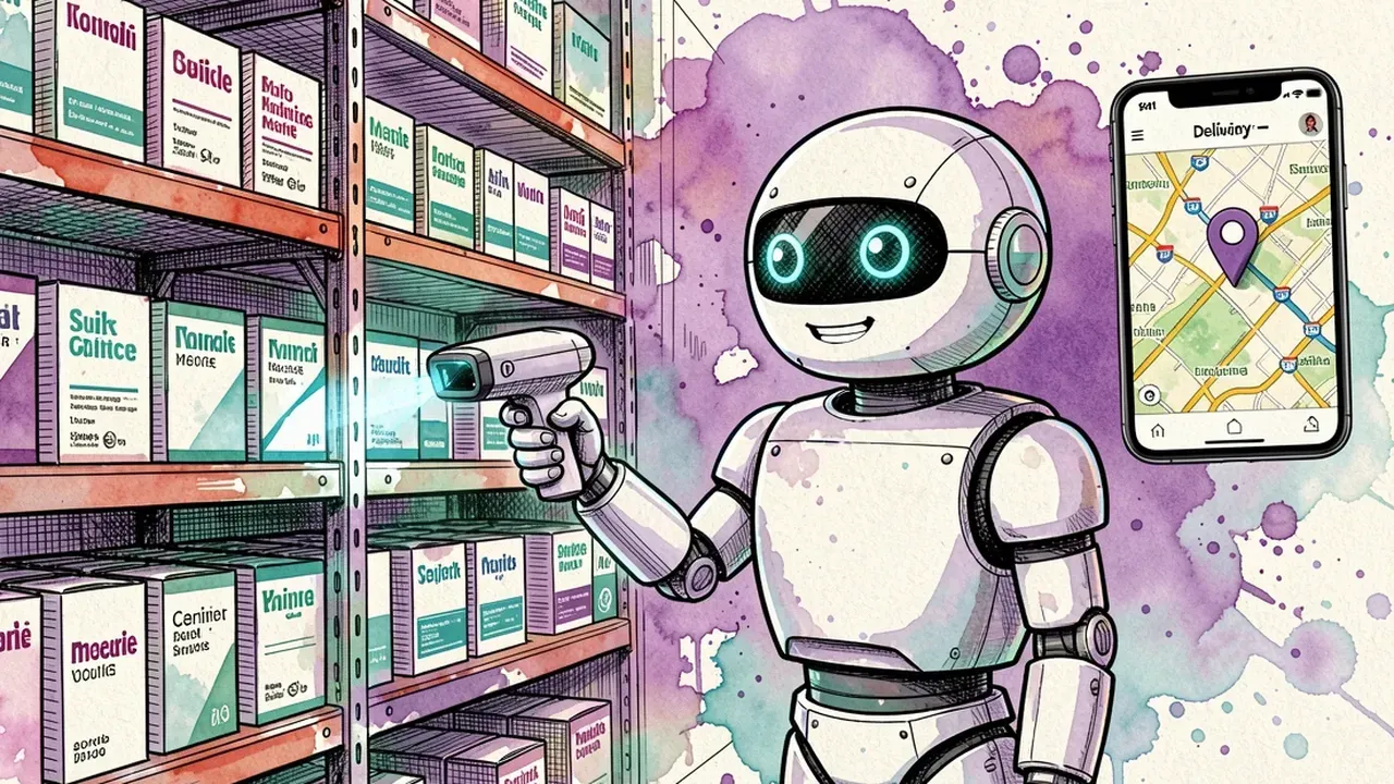 AI agent robot checking warehouse stock and tracking a delivery on a phone