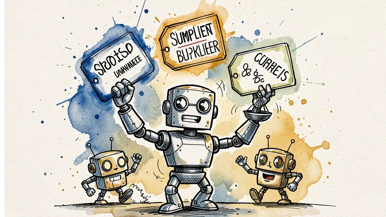 Robô agente fazendo malabarismo com três etiquetas de preço flutuantes com nomes de fornecedores diferentes, comparando numa pequena balança, ilustração em aquarela