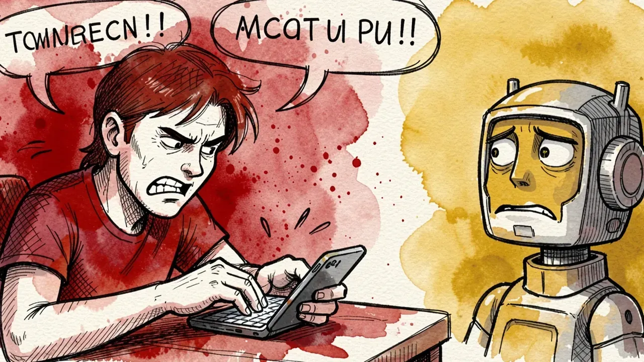 Pessoa frustrada digitando em caps lock no celular enquanto um robô de atendimento observa preocupado, aquarela vermelha e amarela