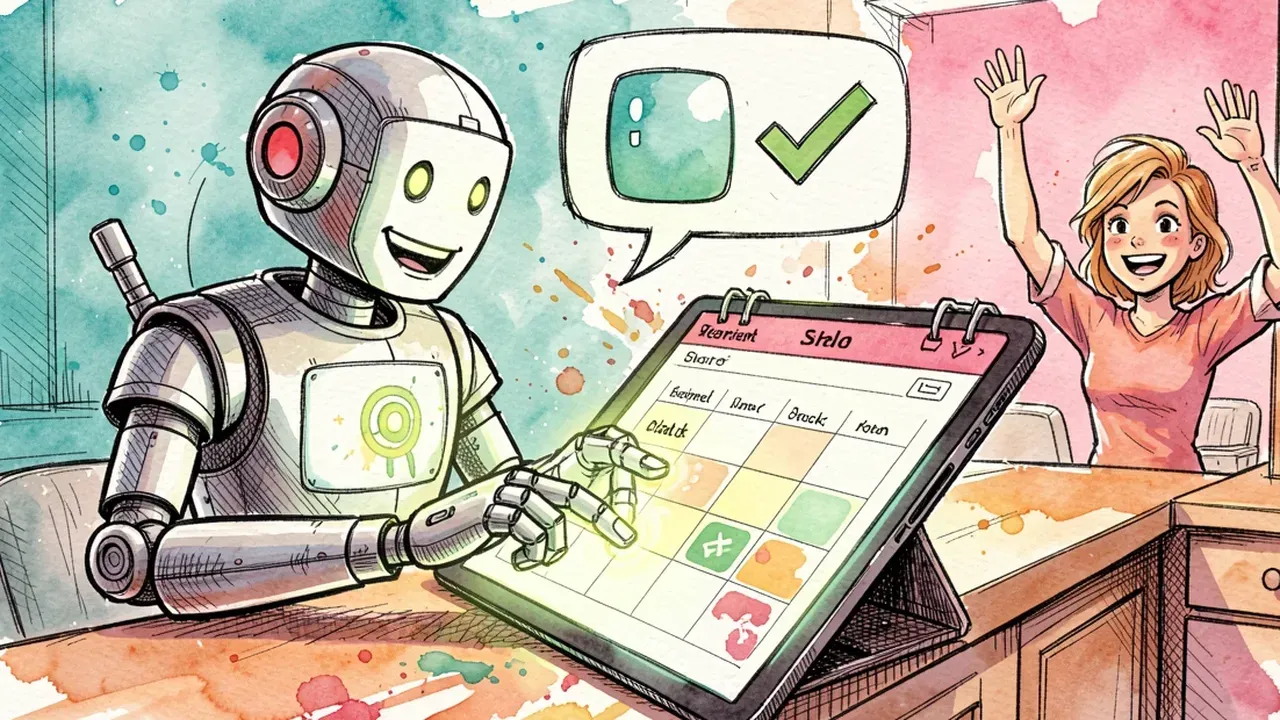 Robot assistant tapping a glowing booking calendar on a tablet at the salon counter, sending a confirmation with a green checkmark, a client waving happily in the background