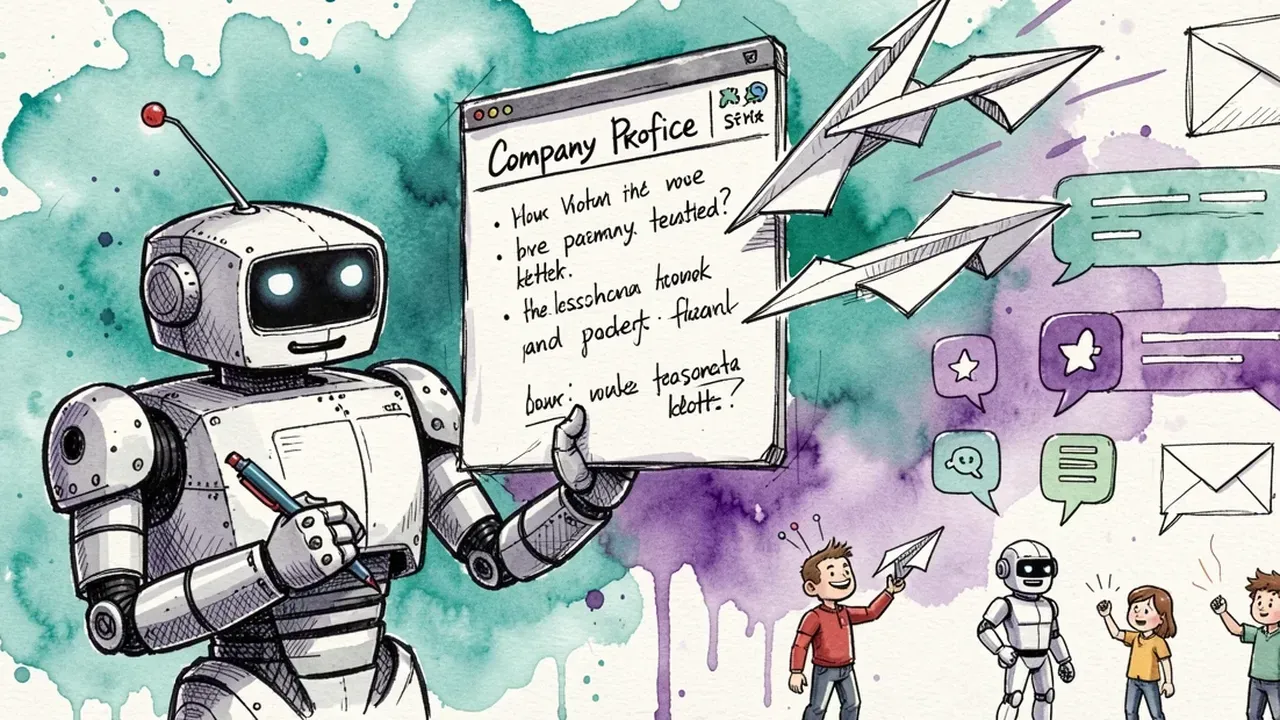 Robô pesquisando o perfil de uma empresa numa tela enquanto escreve cartas personalizadas que voam como aviões de papel para diferentes personagens em canais como WhatsApp e e-mail, aquarela violeta e turquesa