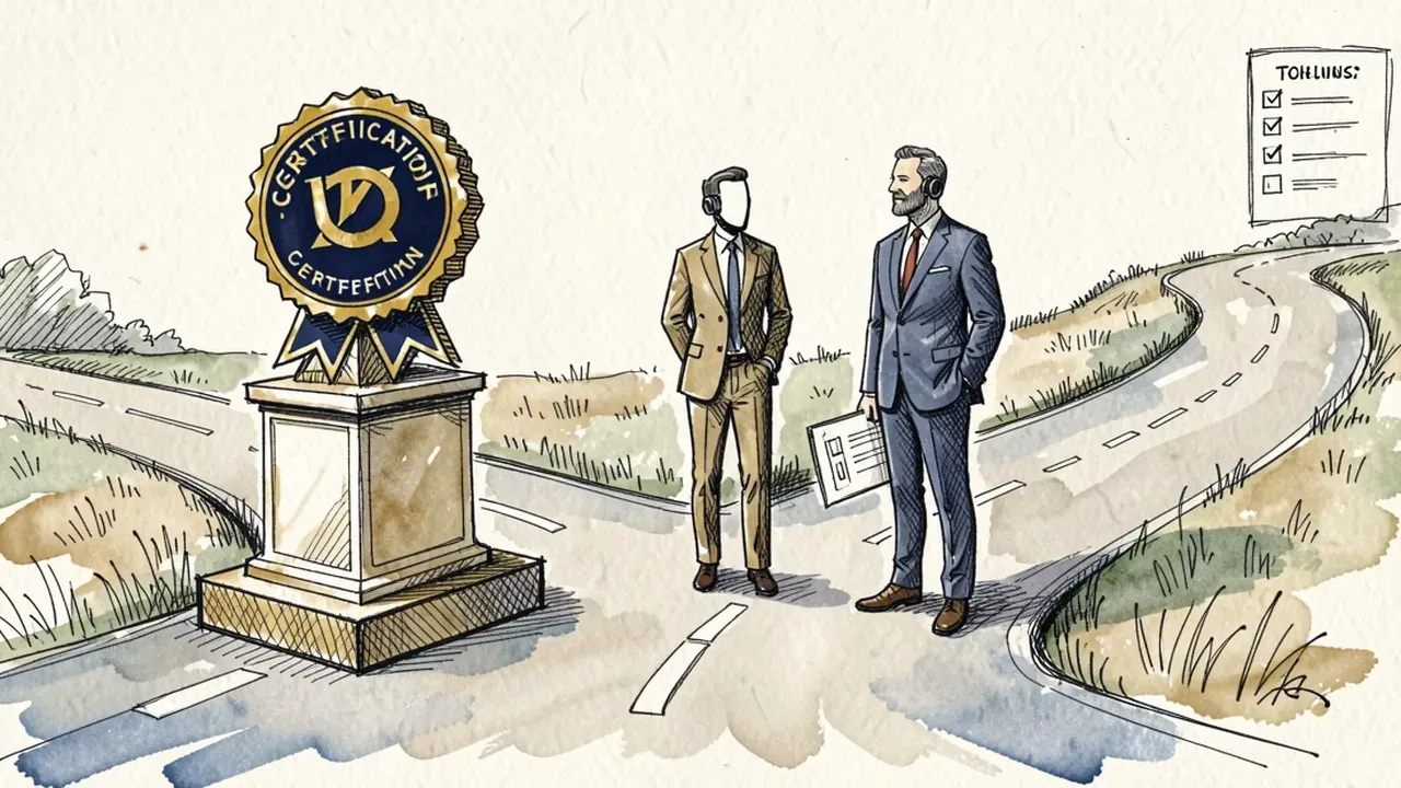 Two people in suits at a fork in a road, one path leading to a large certification seal on a pedestal, the other to a checklist held in hand, navy blue and gold palette