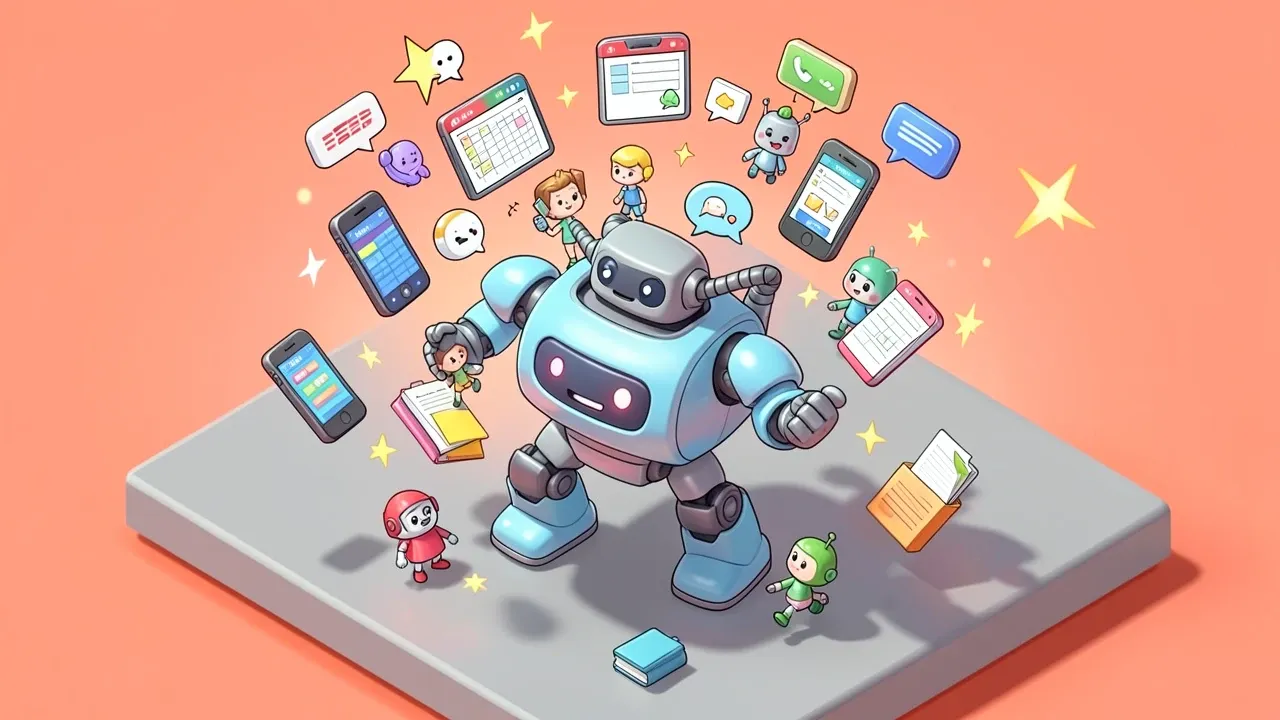 Diorama isometrico de um unico robo generalista sobrecarregado malabarizando tarefas flutuantes ao mesmo tempo, ligacoes, planilhas, baloes de chat e pastas se espalhando ao redor dele, tonto com estrelas girando, paleta coral e cinza com tensao comica