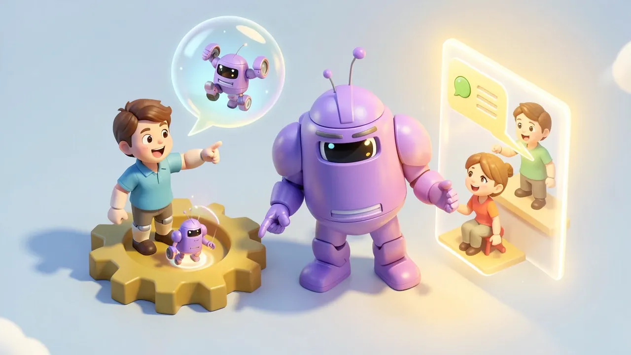 Diorama isometrico de uma pessoa animada apontando para um pequeno robo dentro de uma engrenagem, e do outro lado um robo violeta grande conduzindo uma conversa fluida com um cliente num balao de chat, luz dourada suave
