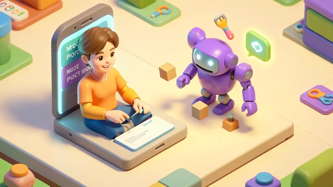 Diorama isométrico de uma pessoa digitando uma instrução curta num painel de chat enquanto um robô violeta monta automaticamente um agente com blocos de prompt, ferramentas e canal, luz dourada suave