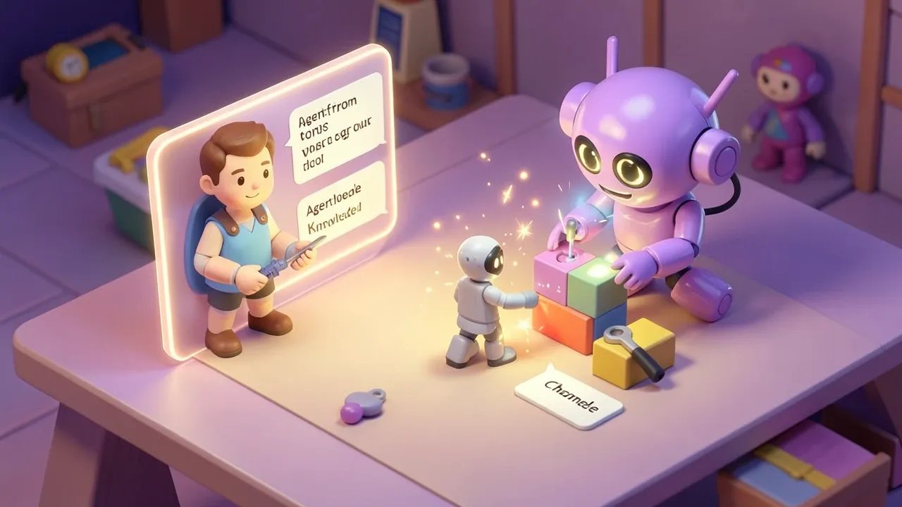 Diorama isometrico de uma pessoa relaxada digitando uma instrucao curta num painel de chat enquanto um robo violeta monta automaticamente um agente com blocos de prompt, ferramentas, conhecimento e canal, sem nenhum codigo visivel, luz dourada suave