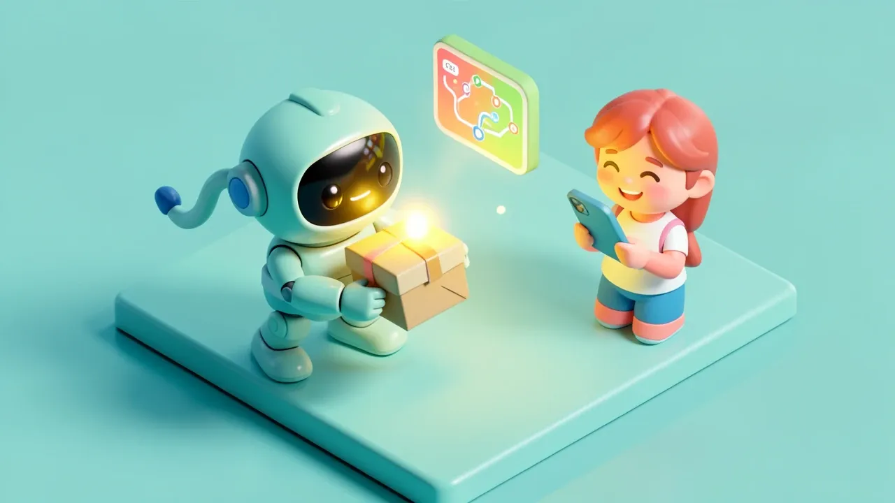 Robo entregando um pacote com um pequeno mapa de rota brilhante flutuando ao lado, uma pessoa sorrindo olhando o celular recebendo a atualizacao, paleta azul petroleo e coral