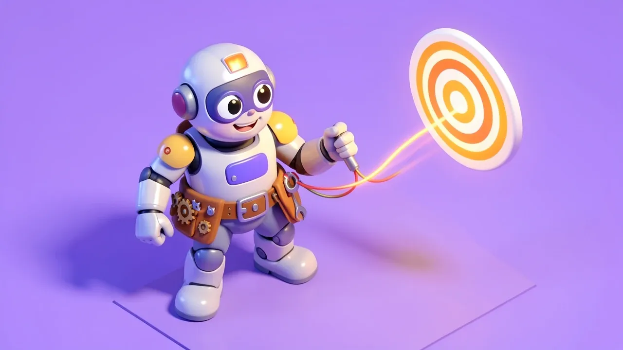 Isometric diorama of an agent robot with a tool belt, choosing between several gears and connecting wires toward a glowing goal, violet and amber palette
