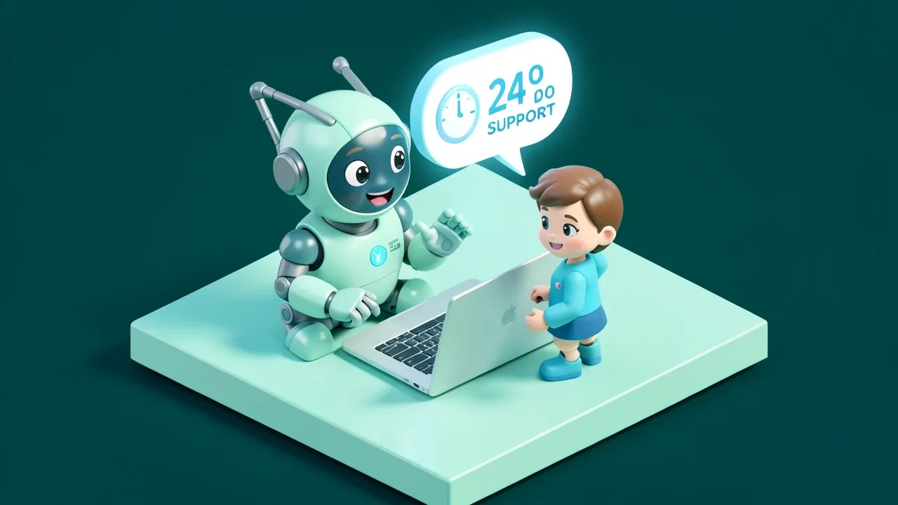 Robo assistente conversando com avatar de cliente por balao de chat flutuante sobre um laptop, relogio mostrando atendimento 24 horas, paleta verde-azulado