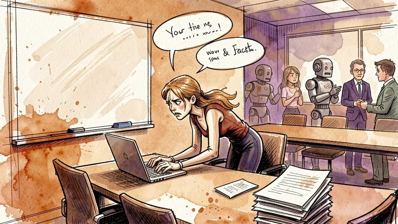 Mulher no canto de uma sala de reunião tentando digitar num notebook enquanto olha pro quadro, com balões de fala passando por cima da cabeça dela e uma pilha de papéis caindo da mesa
