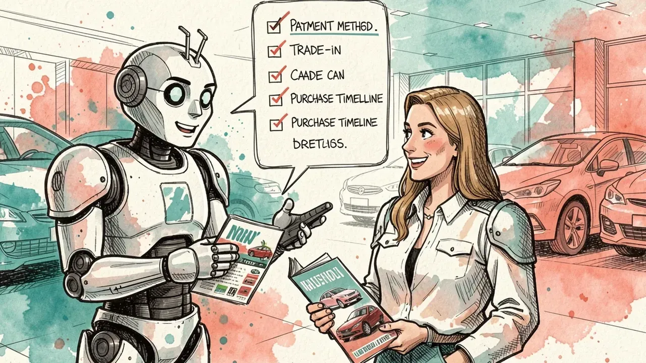 Friendly robot interviewing a customer holding a car brochure, a floating checklist marking payment method, trade-in and purchase timeline