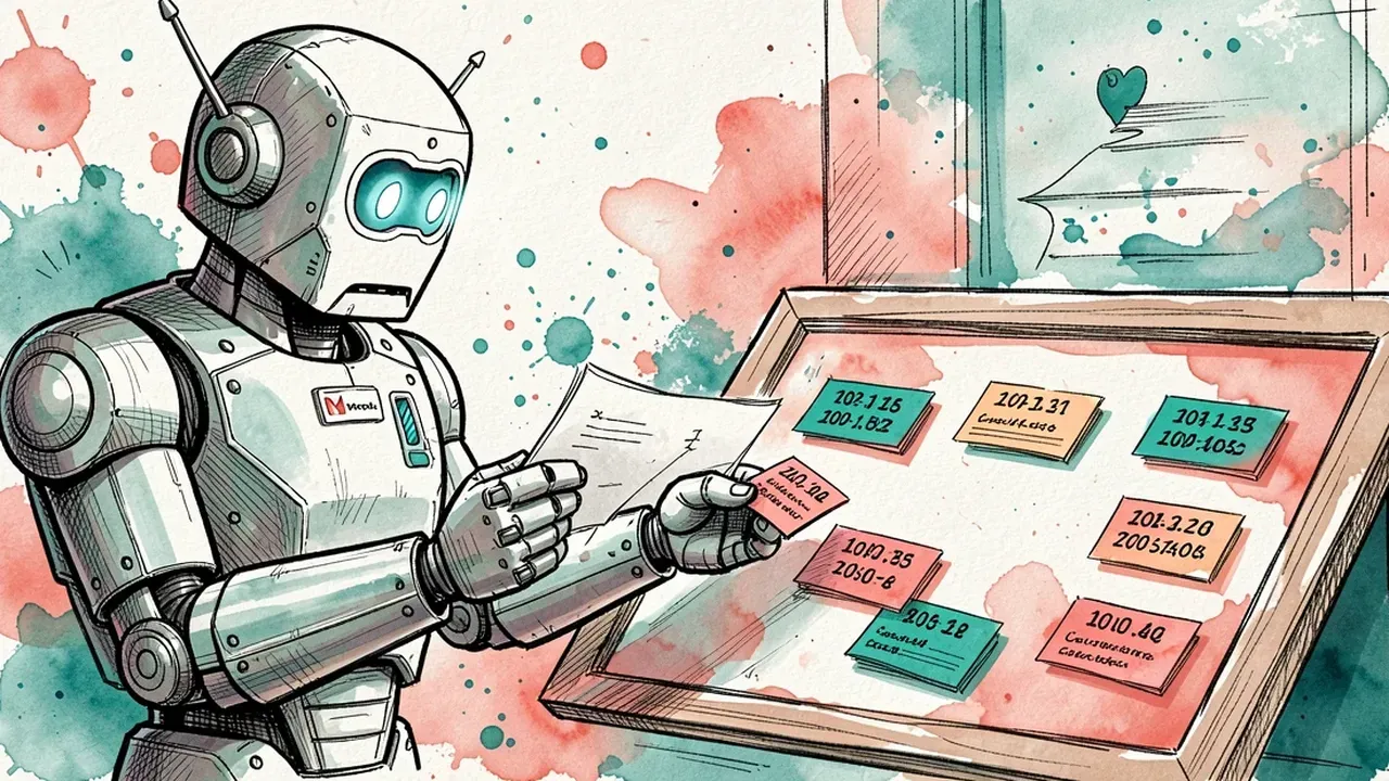 Um robô lendo um contrato e extraindo pequenos cartões coloridos com datas, valores e cláusulas, organizando-os em um painel, traço de tinta e aquarela, tons de azul-petróleo e coral