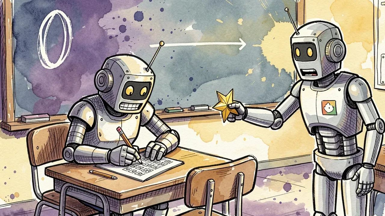 Ink and watercolor sketch of a robot student taking a multiple-choice exam and frantically filling in every bubble, a blank answer marked zero on the board, and a teacher robot handing a gold star to the guess