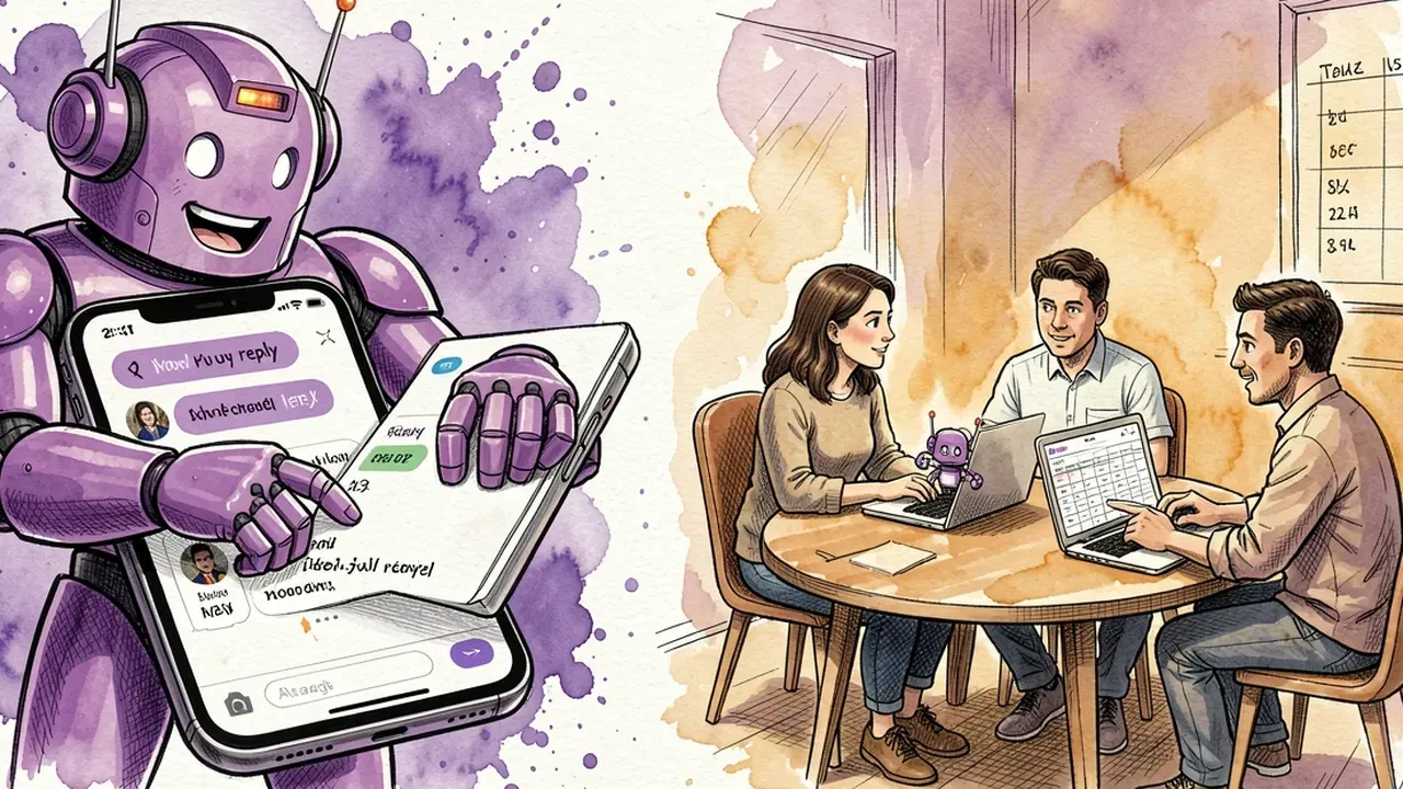 Big violet robot answering a customer over WhatsApp while on the other side a team of people talks in a room with another robot helping on a spreadsheet, violet and amber watercolor