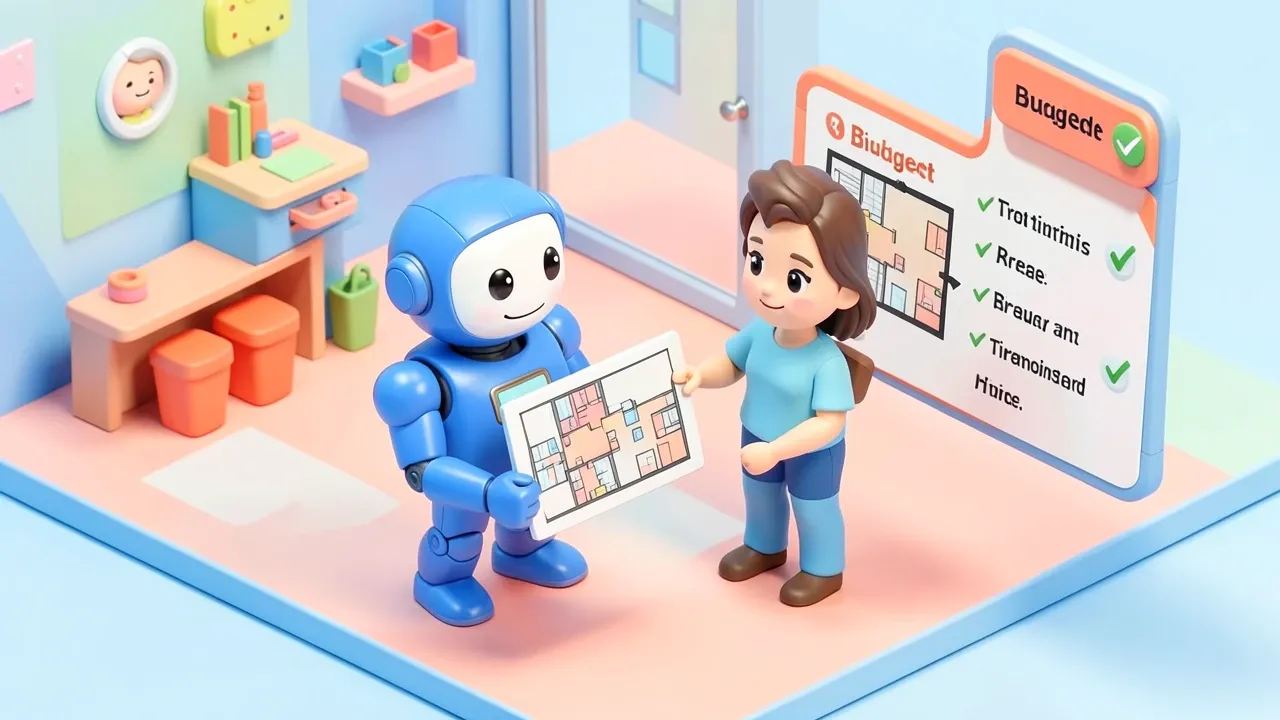 Robo educado entrevistando um cliente que segura uma planta de apartamento, com um formulario flutuante marcando orcamento regiao e prazo, paleta azul petroleo e coral