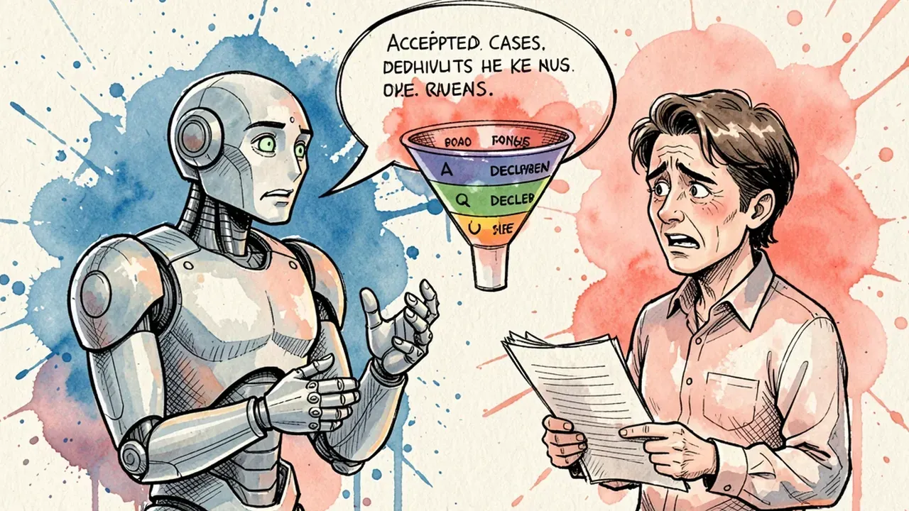 Robot politely interviewing a worried person holding documents, a speech bubble and a colorful funnel sorting accepted cases from declined ones, petrol blue and coral watercolor