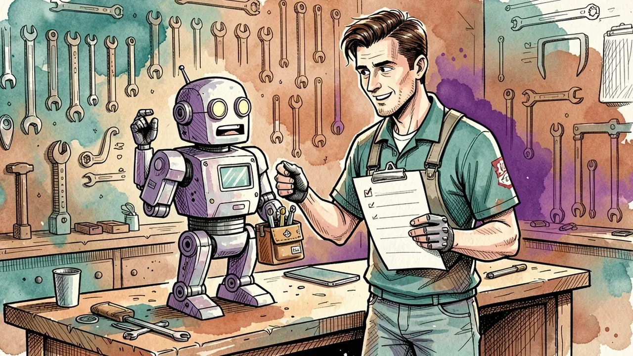 Homem numa bancada equipando um robô-agente com um cinto pequeno de apenas três ferramentas, com uma parede cheia de ferramentas sem uso ao fundo e uma lista de conferência na mão