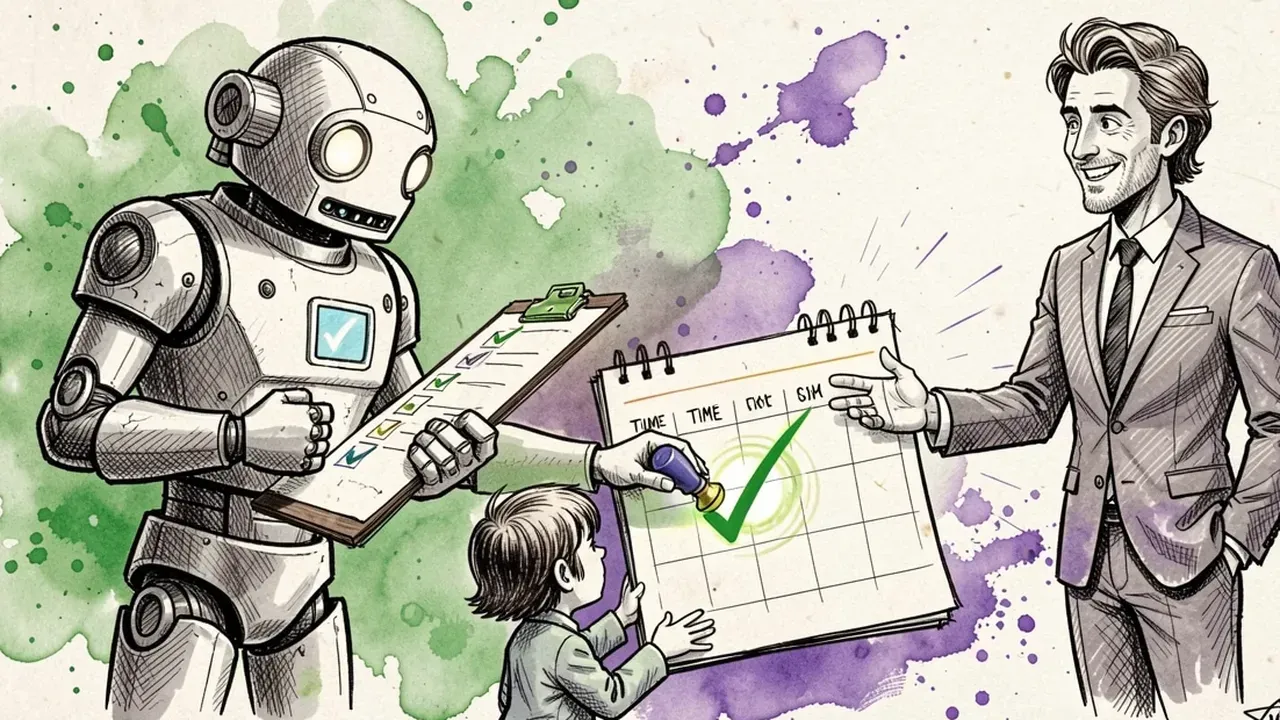 Robô entrevistando um personagem-lead com uma prancheta de critérios, depois carimbando um horário num calendário aberto enquanto um vendedor espera ao lado com a mão estendida, aquarela verde e violeta
