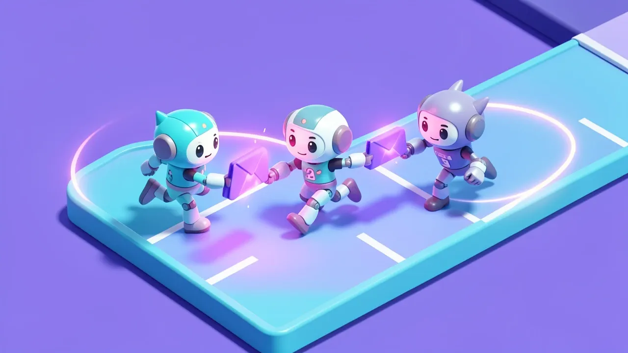 Diorama isometrico de tres robos numa corrida de revezamento passando um bastao violeta brilhante de pasta entre si ao longo de uma pista curva, conectados por trilhas de luz suave mostrando o contexto fluindo de um para o outro, paleta violeta e turquesa energetica
