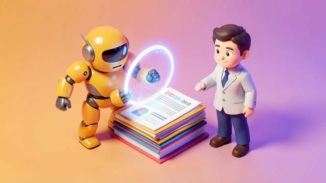 Robo agente aplicando um escudo de protecao sobre uma pilha de documentos financeiros, humano supervisionando ao lado, paleta ambar e roxo