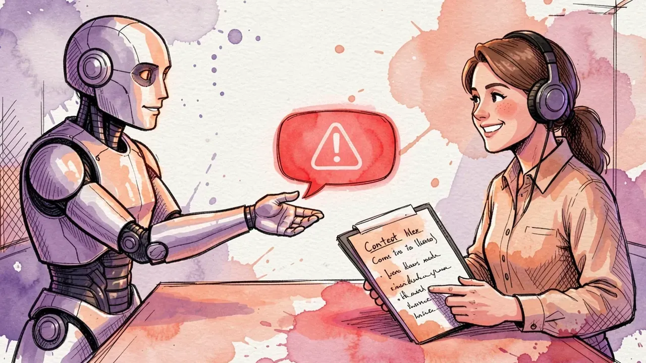 Robô entregando um balão de chat com alerta vermelho para uma atendente humana sorridente, com uma prancheta de contexto, aquarela violeta e coral
