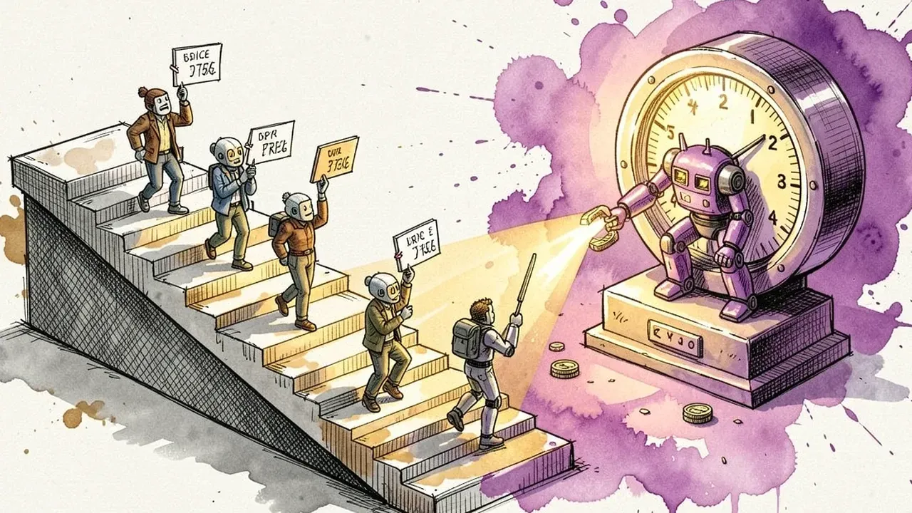 Diorama isometrico de uma fila de pessoas cada uma carregando uma etiqueta de preco individual subindo uma escada, ao lado um medidor unico mostrando creditos de uso sendo consumidos por um robo violeta, paleta dourada e violeta