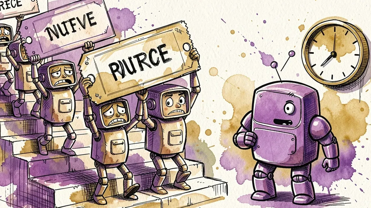 Line of robots each carrying an individual price tag up a staircase next to a single credit meter being drawn down by a violet robot, gold and violet palette