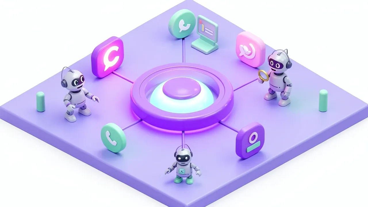 Diorama isometrico de um escudo violeta protegendo um hub central conectado a WhatsApp Telegram e site, um pequeno robo auditor conferindo um log de conversas, paleta violeta e menta