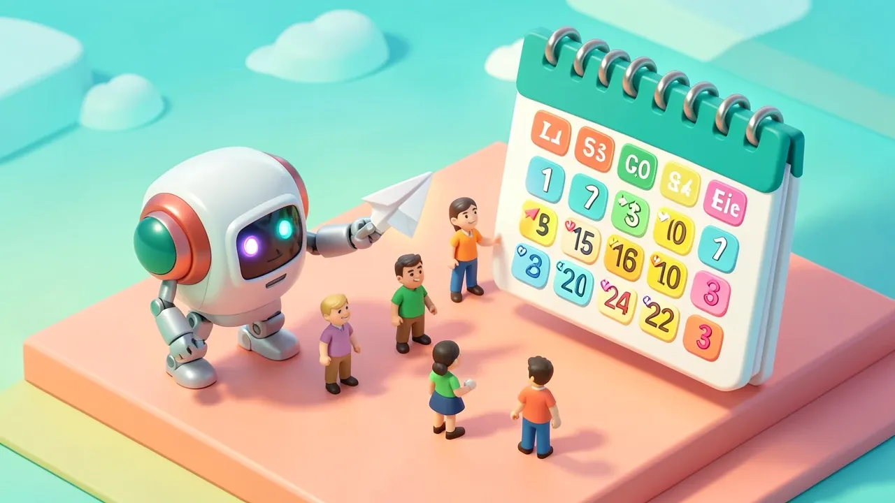 Diorama isométrico de um robô agente com um calendário flutuante marcando datas de vencimento e disparando lembretes miniaturizados para clientes, paleta coral e verde-petróleo