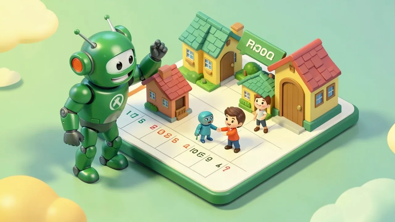 Diorama isometrico de um robo organizando miniaturas de casas num calendario flutuante enquanto duas pessoas apertam as maos na porta de uma delas, paleta verde-esmeralda e ambar