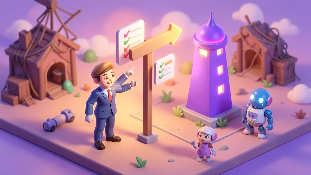 Diorama isometrico de um dono de empresa confiante apontando para uma torre violeta brilhante enquanto uma oficina emaranhada desaparece ao fundo, lista de checklist flutuando ao lado, paleta violeta e nascer do sol