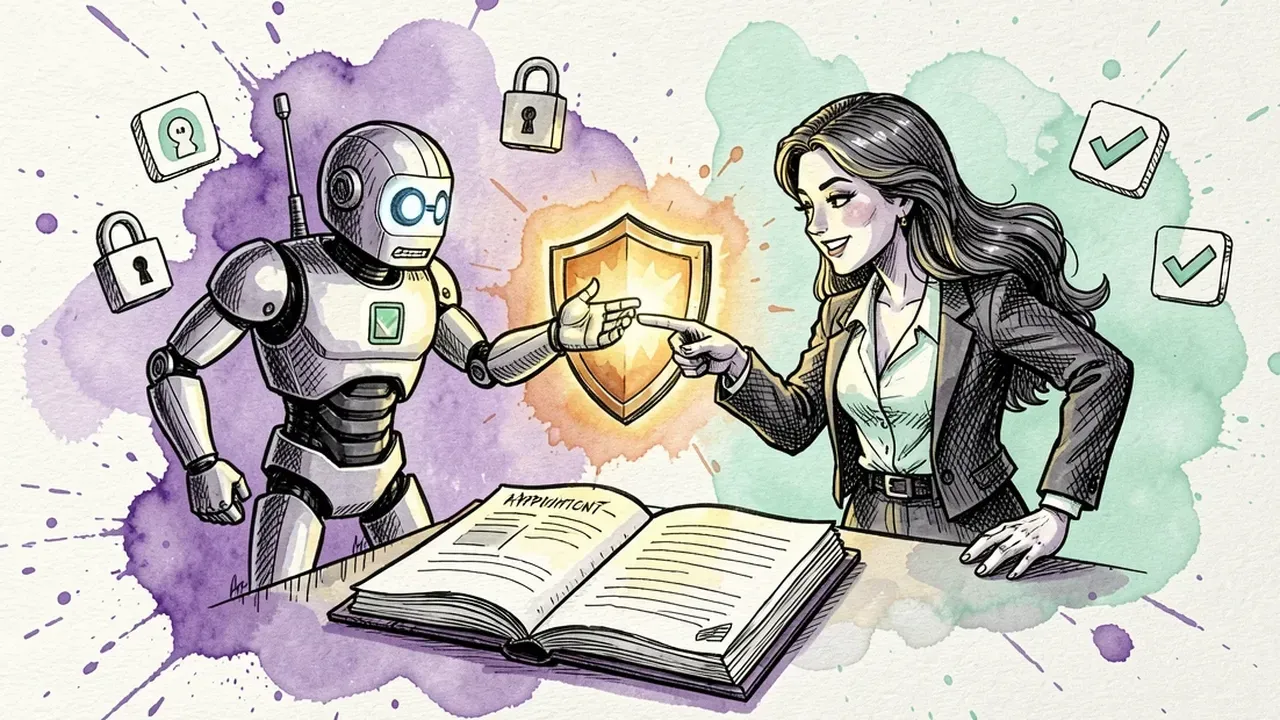 Robot and salon manager pointing together at a glowing protective shield beside an open appointment book, padlocks and checkmarks floating around