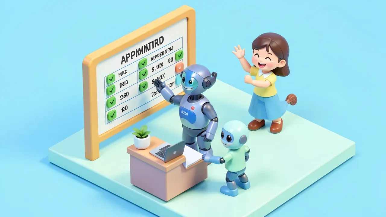 Robo recepcionista organizando uma agenda fisica de consultas com marcadores verdes de confirmado, paciente satisfeito ao fundo, paleta azul e verde-menta