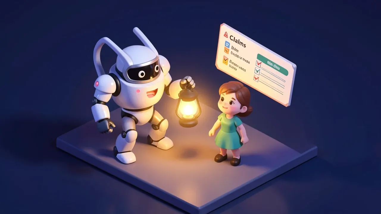 Diorama isométrico de um robô agente atendendo um cliente à noite com uma lanterna e um formulário de sinistro flutuante, paleta indigo-escuro e âmbar