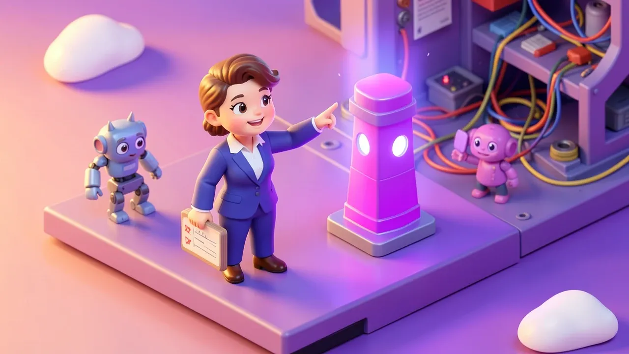 Diorama isométrico de um dono de empresa confiante apontando para uma torre violeta brilhante enquanto uma oficina de fios emaranhados desaparece ao fundo, lista de checklist flutuando ao lado, paleta violeta e nascer do sol