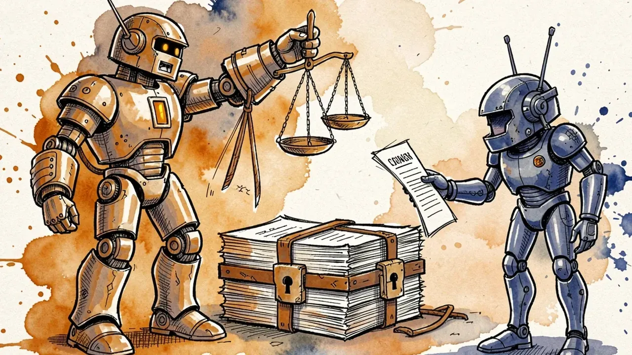 Um robô guardião segurando uma balança equilibrada em frente a uma pilha de contratos trancados, um segundo robô entregando um documento para aprovação humana, traço de tinta e aquarela, tons de âmbar e azul profundo