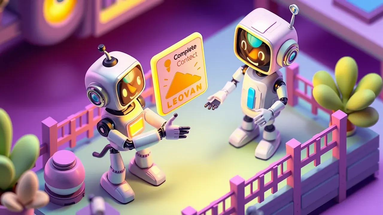 Diorama isometrico de um robo de vendas passando um lead brilhante dourado para um vendedor humano sorridente junto com uma ficha completa de contexto, aperto de maos simbolico, conexao com CRM ao lado, cerca de governanca ao redor, paleta violeta e verde-limao