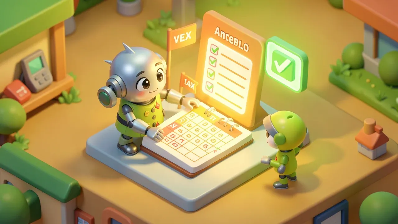 Robo contador organizando um calendario fiscal com bandeiras de prazo, checklist com marcas verdes ao lado, paleta ambar e verde