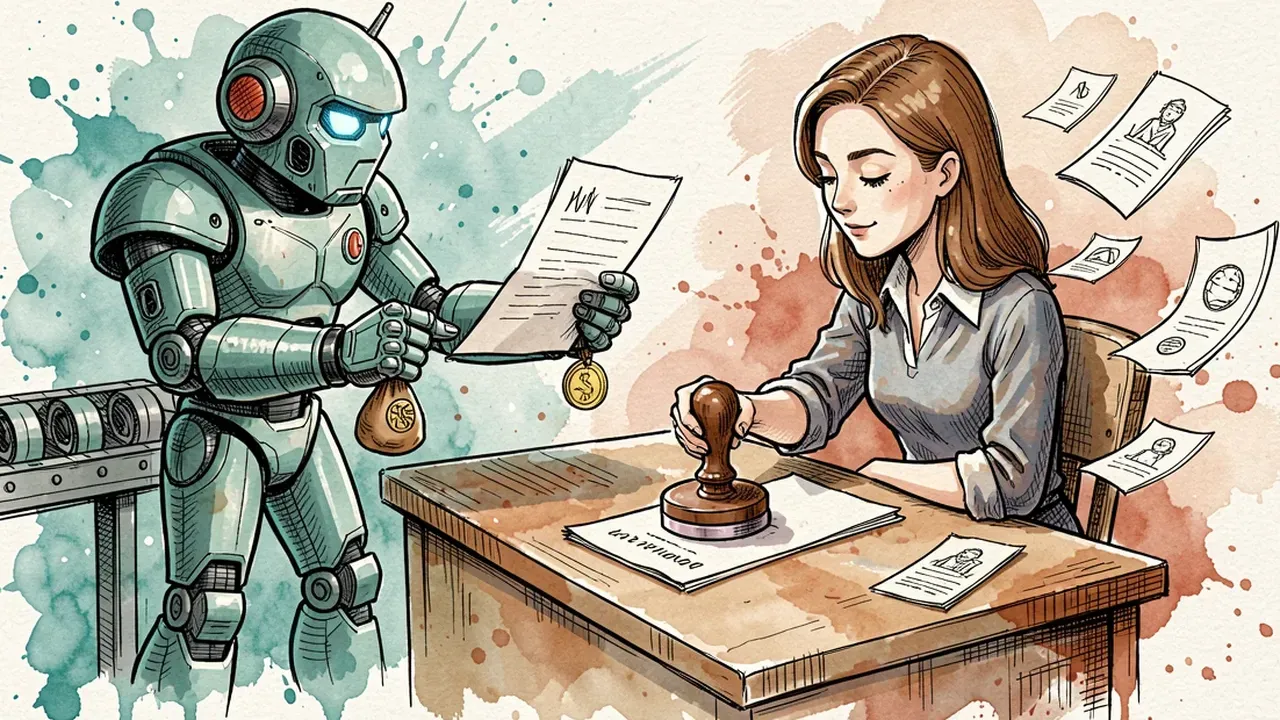 Robô-agente estendendo um documento e um saquinho de moedas pra uma mulher sentada à mesa, que bate um carimbo grande no papel, enquanto bilhetes pequenos seguem livres numa esteira ao lado