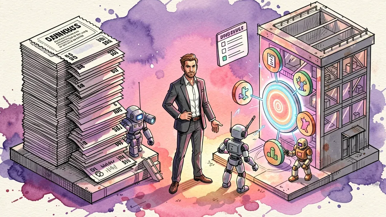 Diorama isometrico de um dono de empresa confiante em pe entre duas plataformas, uma torre de tickets empilhados e um hub circular conectado a varios canais, checklist flutuando ao lado, luz de amanhecer violeta