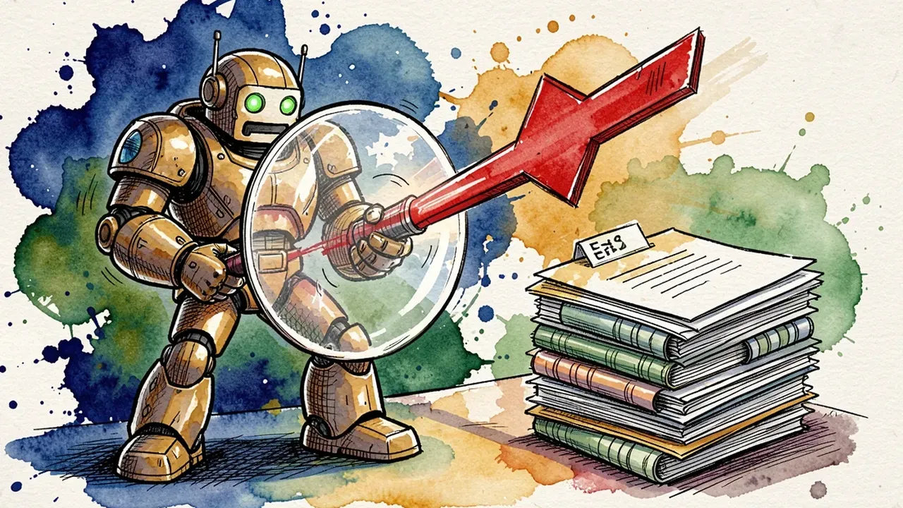 Robô guardião segurando um escudo, bloqueando uma seta vermelha de estouro de orçamento apontada para uma pilha de pastas, ilustração em aquarela