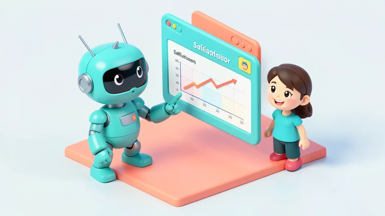 Isometric 3d robot pointing at floating panels showing response time dropping and satisfaction rising, a person watching happily beside it, turquoise and coral palette