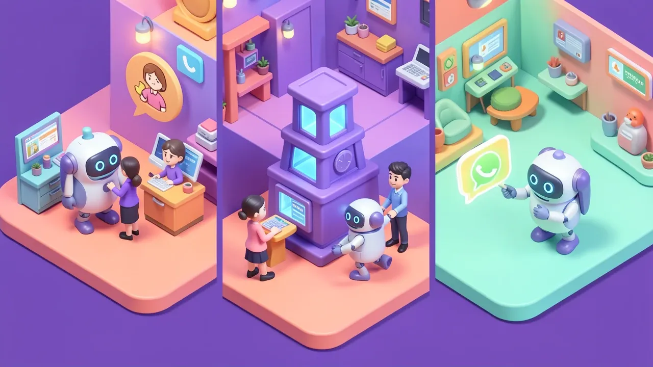 Diorama isometrico amplo dividido em tres zonas aconchegantes, um robo de vendas conversando com um icone de cliente, um robo de rh guiando a figura de um novo funcionario, um robo de suporte respondendo um balao brilhante de whatsapp, todas as zonas conectadas a uma torre central violeta, paleta rica multi-zona violeta coral e menta