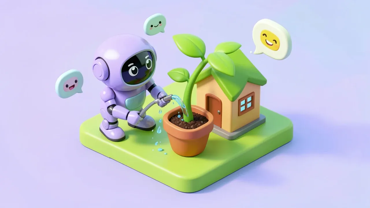 Robo regando uma planta que cresce em formato de casa dentro de um vaso, com balões de mensagem de acompanhamento flutuando ao redor, paleta lilas e verde-lima