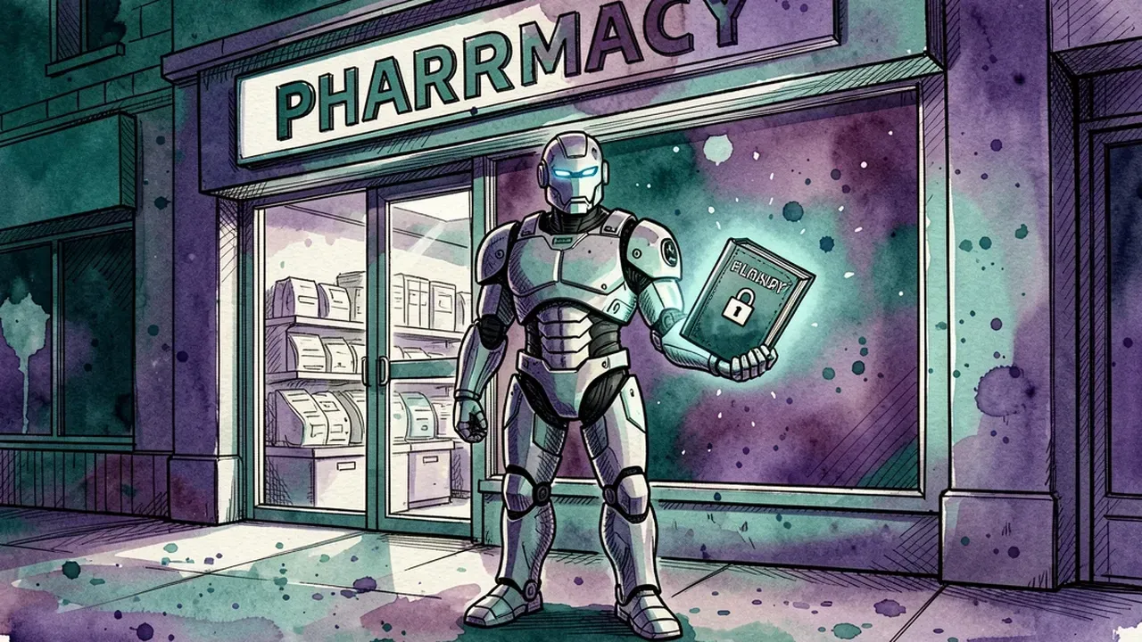 AI agent robot standing guard outside the pharmacy at night holding the operation's rulebook