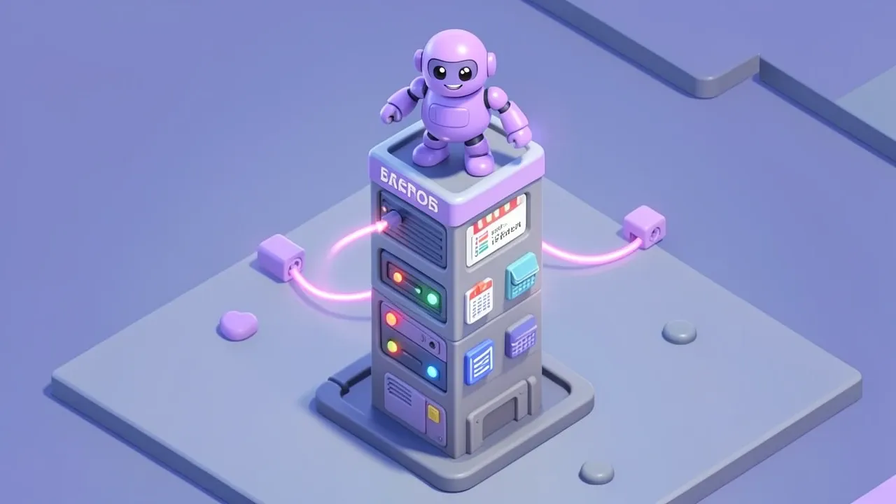 Diorama isometrico de um robo violeta pequeno pousando como uma camada de conversa sobre uma torre de sistema ja existente rotulada com icones de planilha e banco de dados, sem substituir a torre, paleta violeta e cinza-azulado